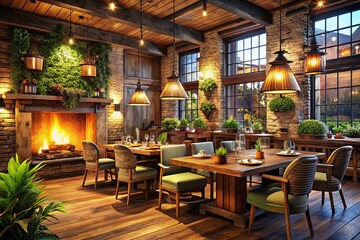 Fototapeta premium 3D Render Restaurant Interior Design: Rule of Thirds Composition, Cozy Atmosphere
