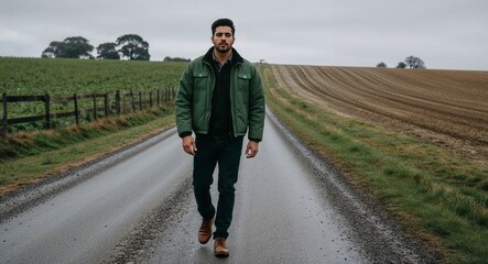 Hispanic young man walking along farm road in countryside wearing green jacket