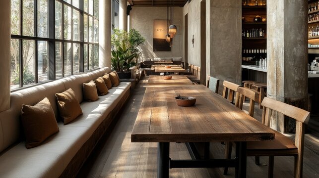 Comfortable communal workspace with long wooden tables, cushioned bench seating, and an earthy color palette to promote relaxation