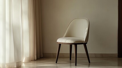 A single white chair with wood legs sits in a room with white walls, beige curtains, and light brown floors.