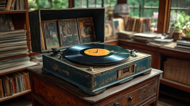 Antique record player, vinyl, wooden case, books.