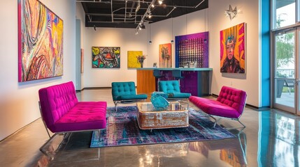 Co-working office with modular furniture in bold magenta and teal tones, polished concrete floors, and modern art on display