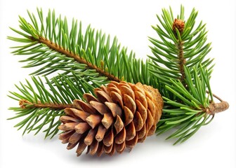 Fototapeta premium High-resolution macro photo of a pine cone, showcasing detailed winter botany on a Christmas tree branch.