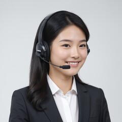 Portrait of Asian woman in call center with smile, headset and happy to help at customer service agent or sales desk. Telemarketing, communication or reception, businessman with cheerful face . Ai gen