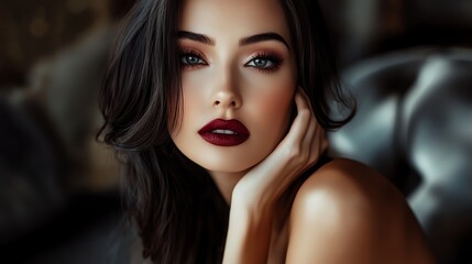 A woman with long dark hair and bold red lipstick stares intensely at the camera.