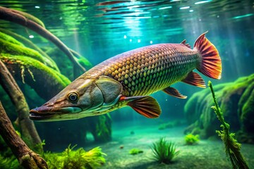 Fototapeta premium Arapaima Gigas: Underwater Giant - Pirarucu Fish Medium Shot