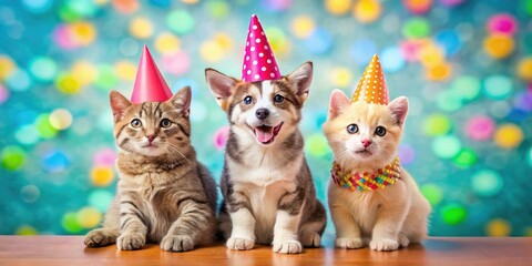 Hilarious cat birthday bash! Kitten, puppy pals celebrate; surreal party hats.  Pure joy!