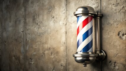 Barber Pole Wall Background - Eye-Level Stock Photo, Red White Blue Spiral Barber Shop Pole Concrete Texture Copy Space