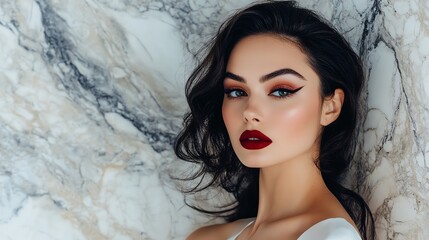 A woman with dark hair and bold makeup looks at the camera.