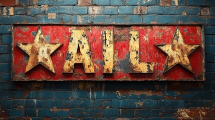 Here's a 10-word description: Rusty, red sign; AIL lettering, stars,