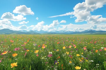 Obraz premium A beautiful field of flowers, with snow-capped mountains in the distance, high definition photography