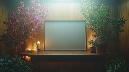 Blank canvas mockup in serene room with plants and candle.