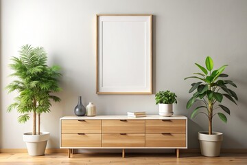 Bird's Eye View Poster Mockup: Blank Frame, White Wall, Wooden Sideboard, Green Plant