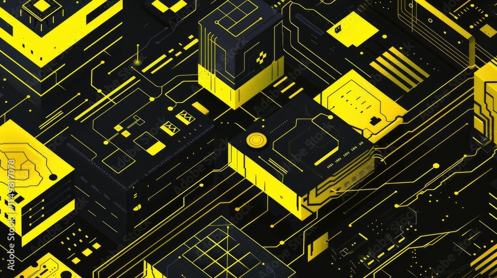 Poster abstract digital landscape with yellow and black circuitry patterns and geometric shapes.