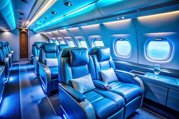 Fototapeta premium Blue Lit Airplane Business Class Seats: Luxury Travel Photography