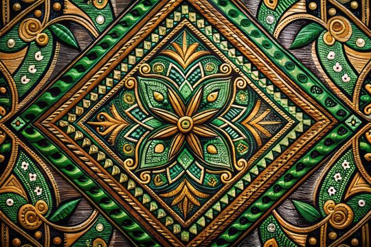 Borneo Iban Dayak Bunga Terung Pattern: Dark Green Traditional Art, Rule of Thirds Composition