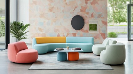 Playful workspace with modular furniture in bright pastels, bold graphic wallpapers, and cozy breakout areas for informal meetings
