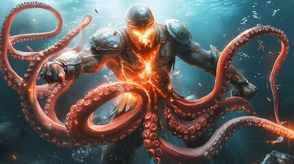 Obraz premium Fiery warrior, armored, battles giant underwater octopus.