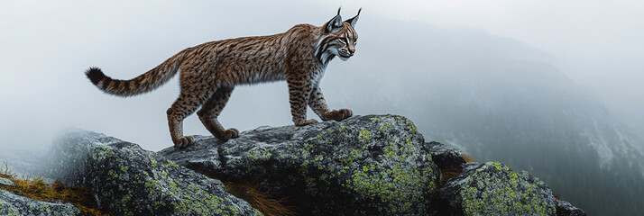 Obraz premium A lynx standing tall on a granite outcrop, overlooking a misty valley, with soft green lichen glowing on the rocky surface beneath its paws. 