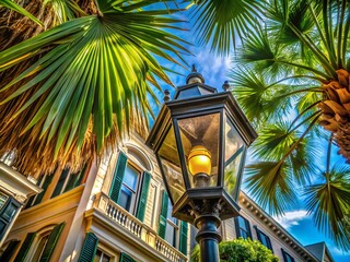 Fototapeta premium Charleston SC: Worm's Eye View of Gas Lantern & Palmetto - Antebellum Lowcountry Charm
