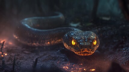 A venomous snake with glowing eyes slithering across a toxic wasteland