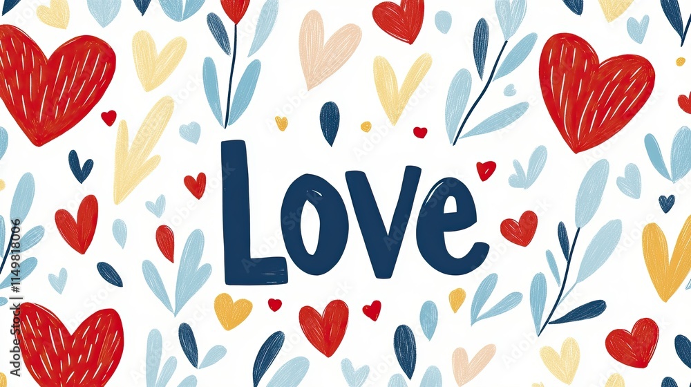 Poster stylish love typography with bold letters and charming hearts creating a vibrant romantic pattern