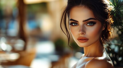 A woman with dark hair and makeup looks at the camera.