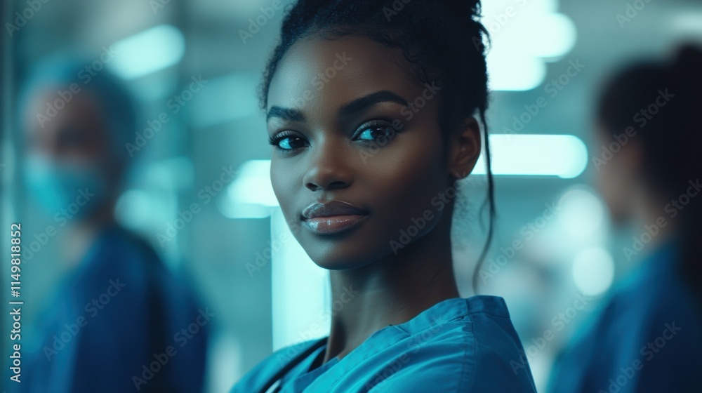 Poster a woman in scrubs stands in front of a group of doctors