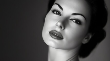 A woman with long dark hair and bold red lipstick stares intensely at the camera.