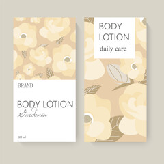 A design featuring body lotion packaging with floral patterns, soft colors, and simple layout on a light background