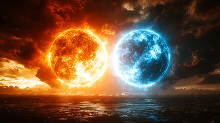 Fiery and icy celestial bodies clash over a dark ocean.