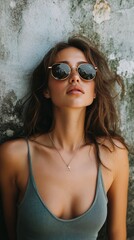 Fototapeta premium Woman with wavy hair in sunglasses poses against a textured wall in a casual outfit