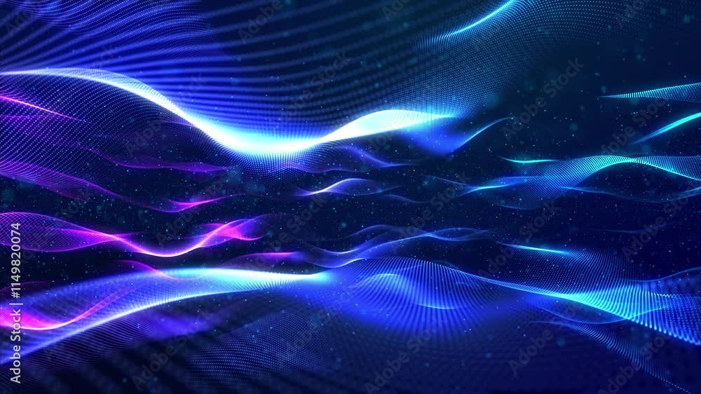 Poster glowing blue particles form surface with waves. trendy background. motion graphics, motion design wi