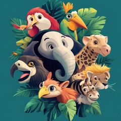 Fototapeta premium Adorable Cartoon Animals Tropical Rainforest Scene