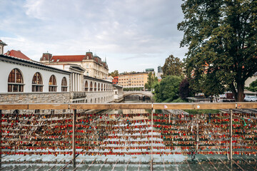 Ljubljana, Slovenia - 14 August 2024: Mesarski bridge covered with locks in Ljubljana