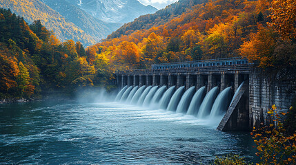 Hydroelectric power station set on a river with a large dam and generating turbines, surrounded by nature, highlighting the use of water resources for sustainable electricity generation