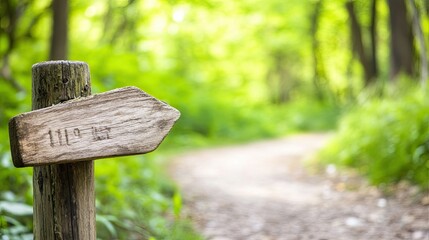 Wooden Signpost Guiding Walkers Along a Peaceful Trail in a Lush Green Forest