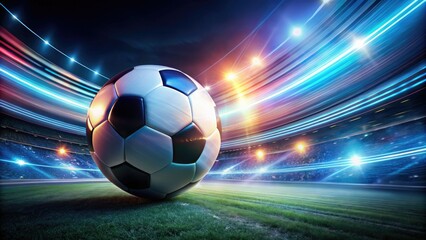 Naklejka premium Night stadium lights illuminate a motion-blurred soccer ball, capturing dynamic action in a long exposure.