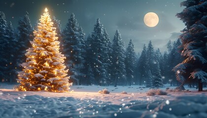 A stunning winter scene with a glowing Christmas tree in a snow-covered forest under a full moon. Perfect for holiday designs, festive cards, and seasonal promotions, capturing the magic of Christmas 