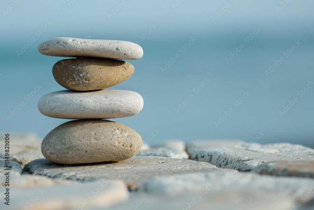 Poster four pebbles stacked in perfect balance against a blurred ocean background create a serene scene of 