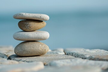 Obraz na płótnie Canvas Four pebbles stacked in perfect balance against a blurred ocean background create a serene scene of harmony and tranquility