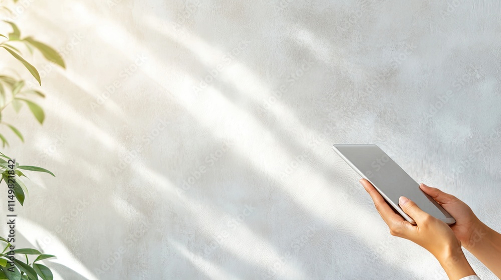 Aufkleber Elegant Hand Holding an E Reader Against a Softly Lit Wall With Subtle Shadow Patterns