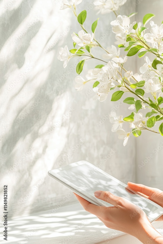 Aufkleber Holding an E-Reader in Gentle Light While Surrounded by Soft Shadows and Greenery