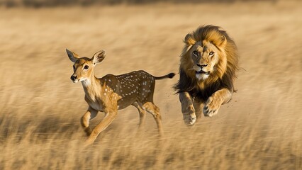 Lion hunting a deer in the savannah with brown grass, sub-saharan Africa