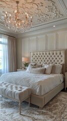 Elegant bedroom interior with luxurious bedding and chandelier lighting in a stylish home