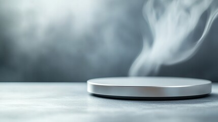 A gently ajar pot lid releases steam, filling the air with warmth. The textured steam creates an inviting atmosphere in a plain kitchen environment.