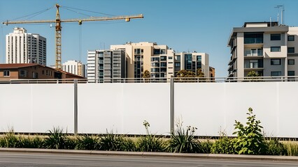 Blank white banner for advertisement on the fence. Residential area with modern buildings and tower crane in the background