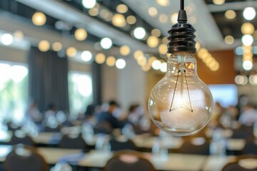 Lit light bulb hanging in a conference room with business people meeting in the background, symbolizing new ideas and innovation