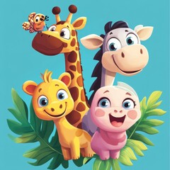 Fototapeta premium Adorable Cartoon Animals Amongst Lush Green Leaves