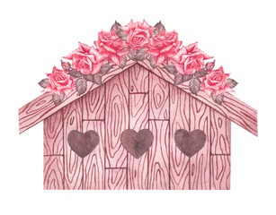 Hand painted watercolor illustration of a bird house. Watercolor illustration in a naive style of a birdhouse or chicken coop. For Valentine's day, children's themes. © Tishina